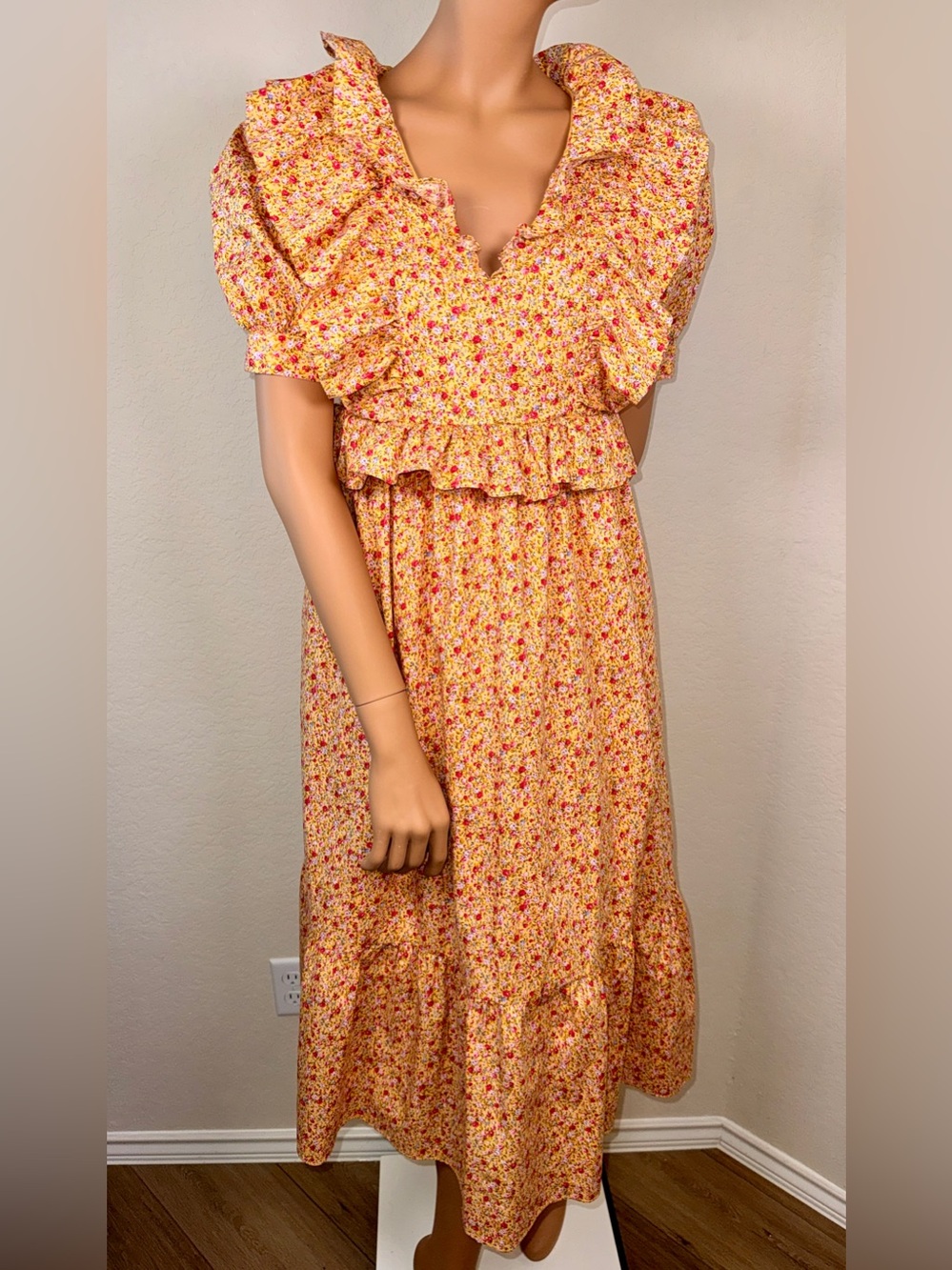 English Factory Yellow Floral Ruffle Midi Dress Puff Sleeve Cottagecore Size S